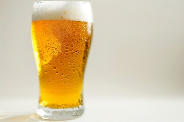 Glass of beer with foam on a white background,  Close-up
