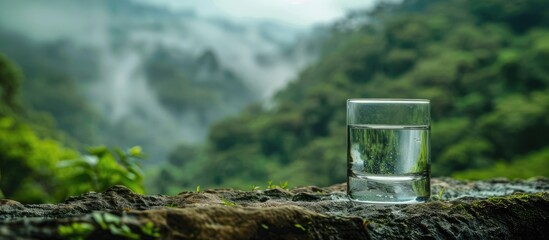 A glass of water placed against a backdrop of nature. - obrazy, fototapety, plakaty