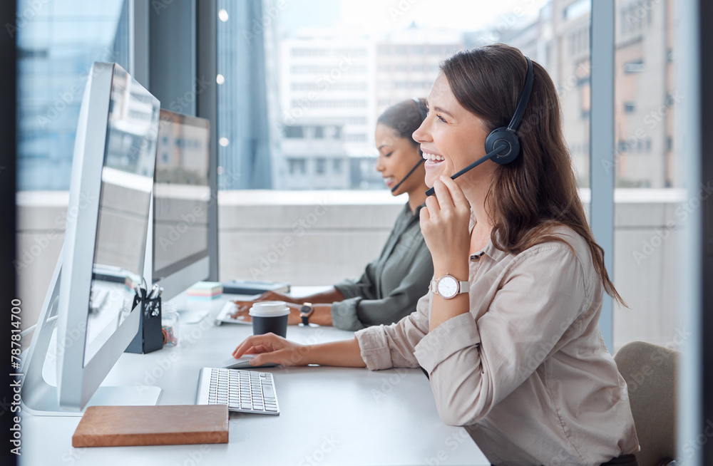 Poster coworking, call center and telemarketing of business woman with web help conversation at computer. c