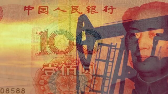 Petroyuan | Oil rigs pumping crude oil with Chinese currency yuan banknote  in the background | 4k
