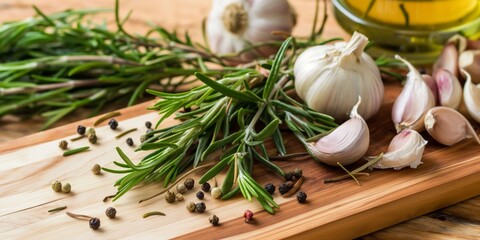 Garlic Rosemary and peppercorns on a wooden chopping board