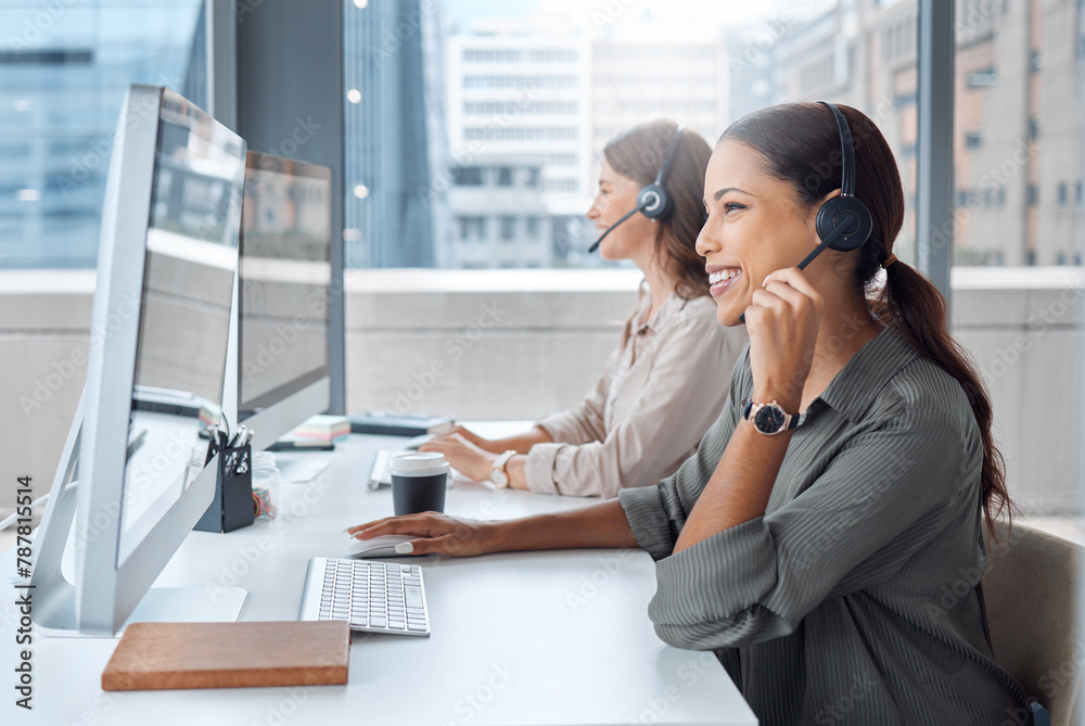 Poster coworking, call center and consultant of business woman with web help conversation at computer. cust