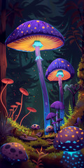 Psychedelic mushrooms in a fantasy forest. Digital art. v2