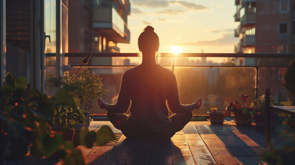 Girl meditating on balcony in the early morning.