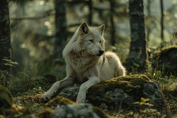 White wolf on a rock in the forest,  Selective focus