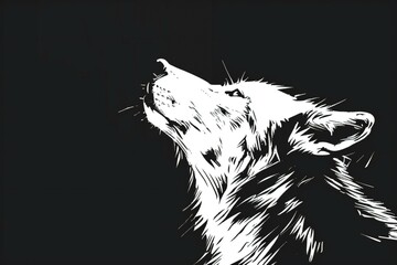 Drawing of a wolf on a black background, black and white