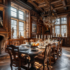 Large dining hall and table inside an old European-style castle. v2