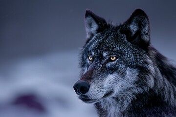 Portrait of a gray wolf on a dark background in the snow