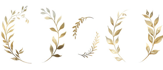 a close up of a bunch of gold leaves on a white background - obrazy, fototapety, plakaty