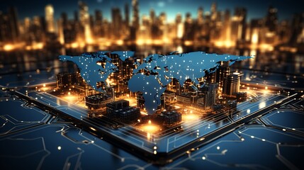 3D rendering of a circuit board with a city in the background