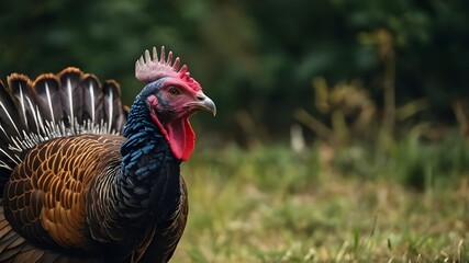 Close-Up of Red and Black Feathers in Nature, Vivid Bill and Eye Detail in Southern Wildlife, Turkey Among Poultry, Showcasing Its Vibrant Feathers, Intense Eye and Beak, Captured in the Wild, Strikin