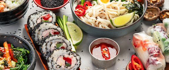 Asian food background with various ingredients.