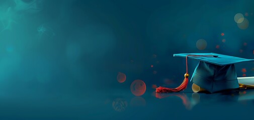 Commemorate the milestone of graduation with a captivating web banner showcasing a graduation mortar hat and degree, elegantly displayed against a solid panoramic background