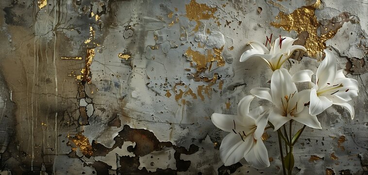 The juxtaposition of elegance and ruggedness with a real photo featuring delicate white lilies against an old concrete wall adorned with gold elements.