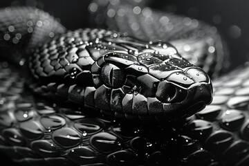 Black and white image of a snake on a black background,  Close-up