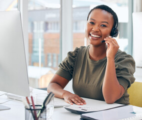 Call center, portrait or happy black woman in office consulting for contact us, crm or faq support. Customer service, telemarketing or friendly lead generation consultant with virtual, help or advice