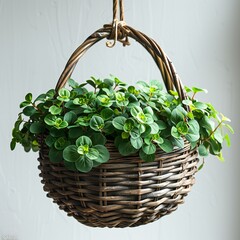 Fototapeta na wymiar Green plants in a wicker basket on a white wall background