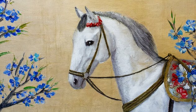 portrait of a horse, Vintage traditional Japanese painting white horse
