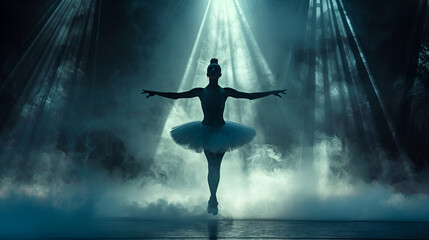 Fototapeta na wymiar silhouette of a ballerina on stage in smoke and dramatic, generative Ai