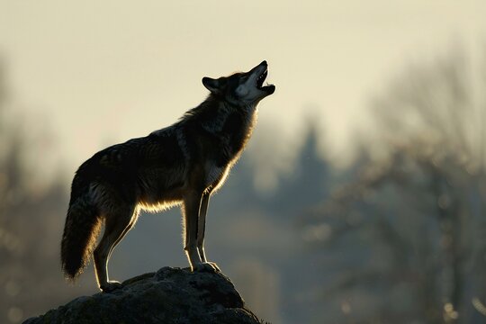 Grey wolf (Canis lupus) standing on a rock at sunset