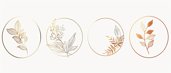 four oval frames with different types of leaves on them