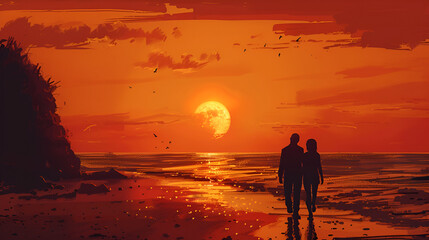 silhouette of a couple on the beach at sunset, generative Ai
