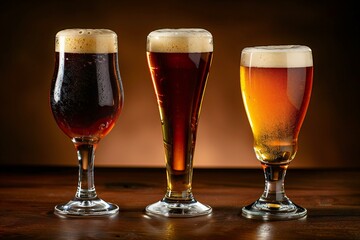 Three glasses of dark and light beer on a wooden table,  Dark background