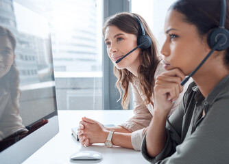 Business women, mentor collaboration and telemarketing success of call center and web help workers. Coworking, employee and smile from crm sales at website consultation company with customer service