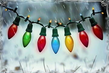 Illustration of Christmas lights on the background of the winter landscape - obrazy, fototapety, plakaty