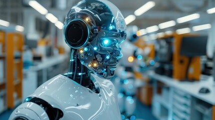 Fototapeta premium A robot with blue eyes and a white body stands in a room