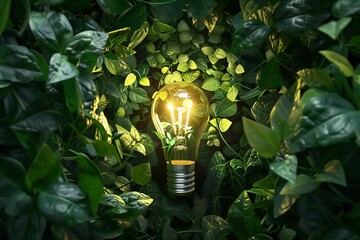 Glowing light bulb on green leaves background,   rendering