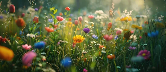 Foto op Plexiglas A multitude of colorful wild flowers bloom in the meadow during the spring season. © Vusal