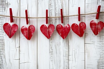 Red hearts hanging on clothesline on white wooden background,  Valentines day concept