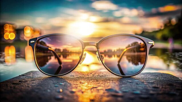 sunglasses on the edge of the lake with the sunrise in the background