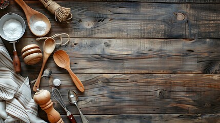 Cooking background top view of various vintage kitchen utensils placed at the top left of a rustic wooden table - Powered by Adobe