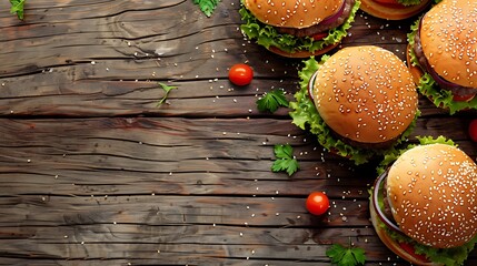 Delicious hamburgers on wooden background