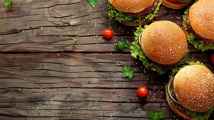  Delicious hamburgers on wooden background © 	Ronaldo