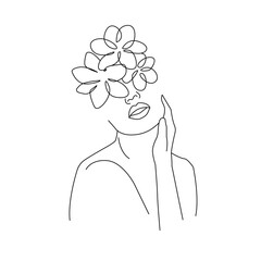 Female Face with Flowers Line Art Drawing. Minimal Linear Illustration of Woman Face with Flowers. Line Drawing Abstract Woman Head for Trendy Boho Design. Vector Illustration