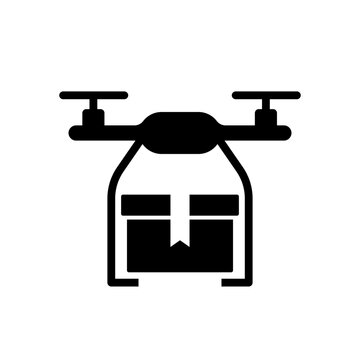 Transport drone icon. Drone carrying cargo. Solid monochrome icon.