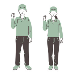 ガッツポーズをする男女の配達員・イラスト素材