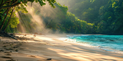 Tropical sandy beach, blue sea and green forest on background in sunny weather - obrazy, fototapety, plakaty