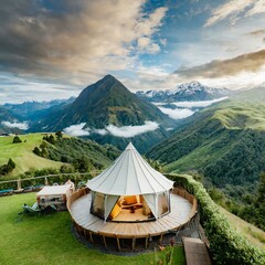 tent in the mountains,The mountain glamping accommodations nestled in the verdant countryside, inviting travelers to indulge in a lavish camping