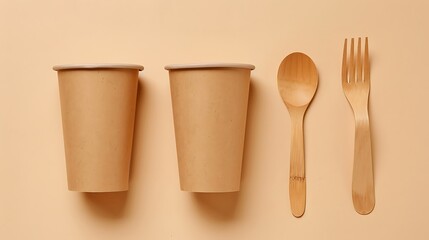 Disposable eco friendly food packaging brown kraft paper food containers forks and knifes on beige background