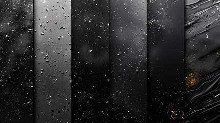 Black textured panels with different finishes, including matte, wet with droplets, glittery, and smudged with gold accents.