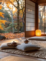 Traditional Japanese Room with Tatami Mats and Shoji Screen