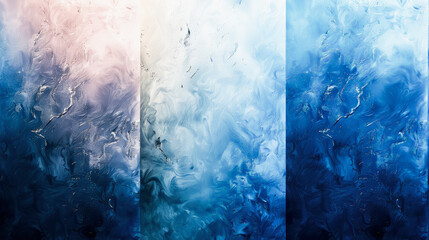 Abstract blue and white textured painting resembling swirling water or clouds, split into two panels with a central divide. - obrazy, fototapety, plakaty