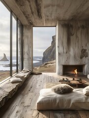 Modern Coastal Living Room with Ocean View and Fireplace