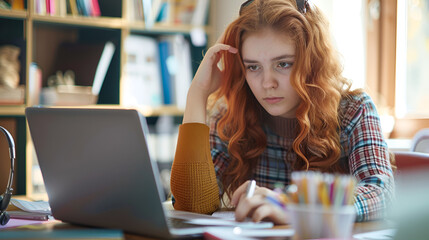 tensed stressed beautiful student preparing for online exam, sad about online class