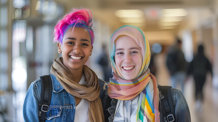 diverse female students, queer student friend with muslim girl