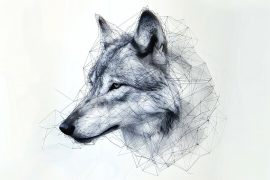 Digital collage of wolf head with polygonal lines on white background